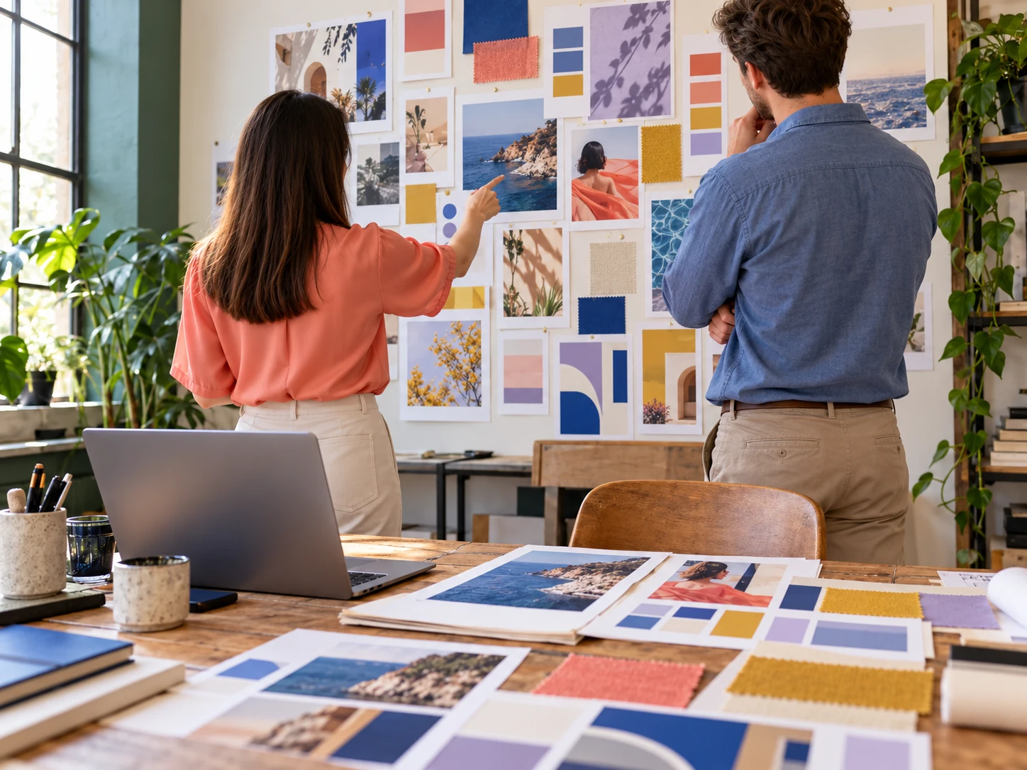 Creative collaborators organizing ideas at a moodboard wall