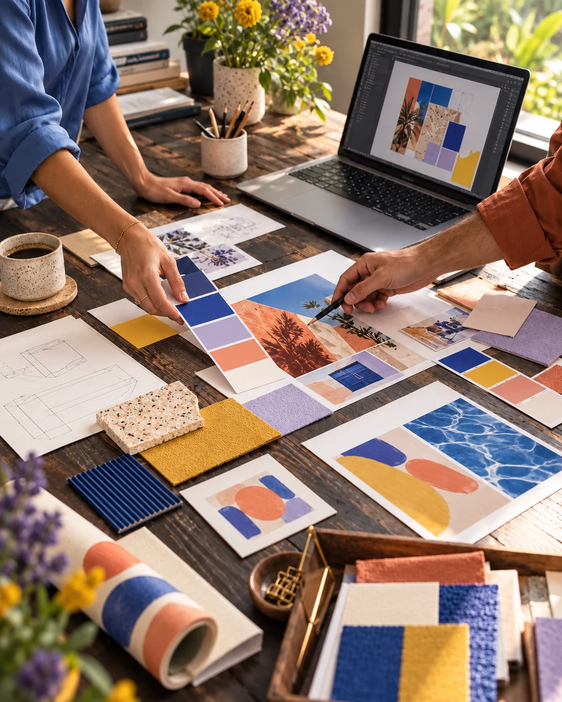 Two creative teammates reviewing colorful designs and swatches at a desk