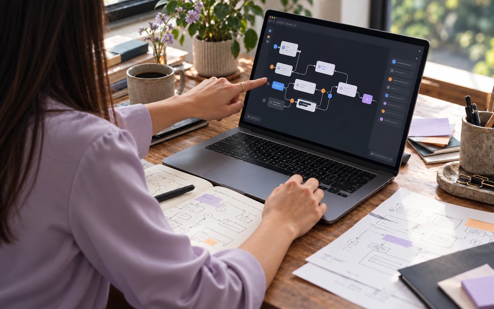 Creative professional developing an AI workflow on a laptop