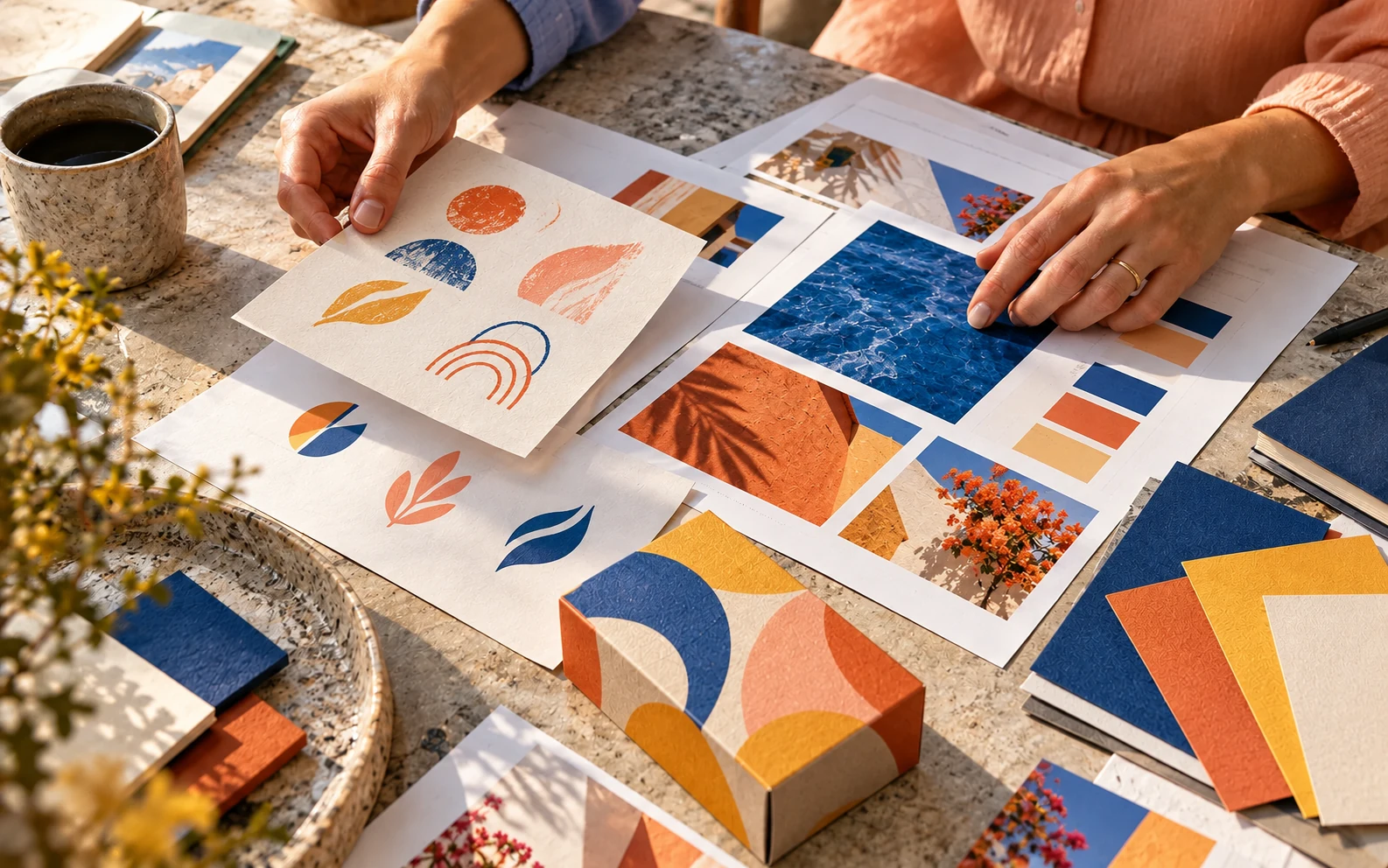 Creative collaborators reviewing colorful brand identity designs and print samples