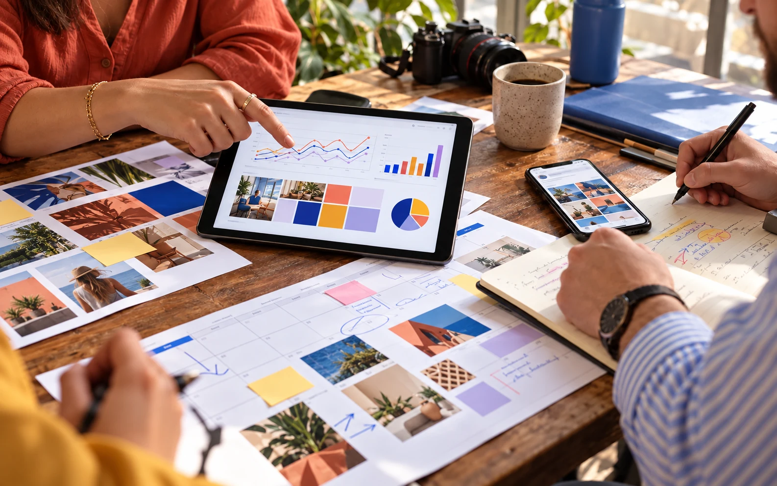 Campaign planning with tablet, notes and marketing materials