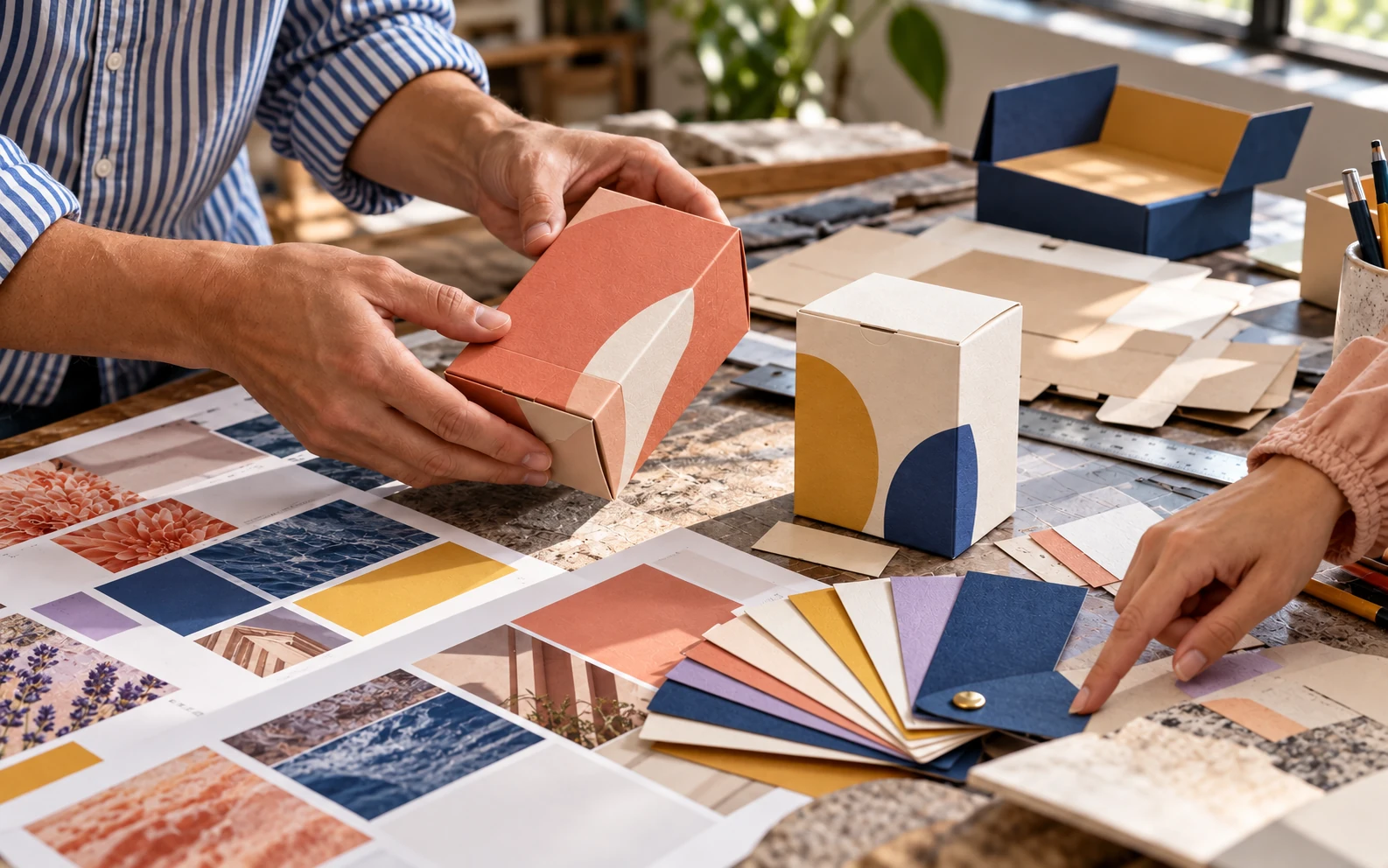 Hands checking packaging prototypes and printed materials