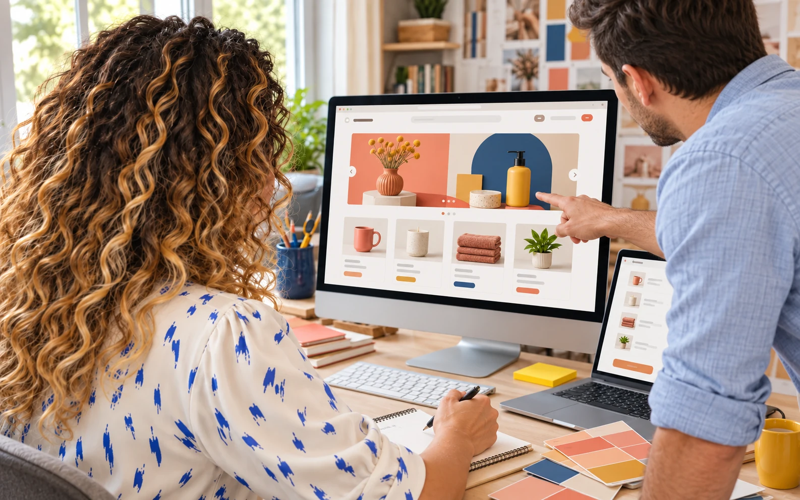 Two creative teammates reviewing an online store design on a desktop